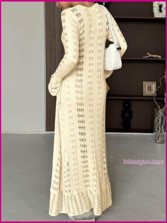 Long Crochet Cardigan Duster Button Up Bell Sleeve Boho Cover Up - Picture 6 of 7